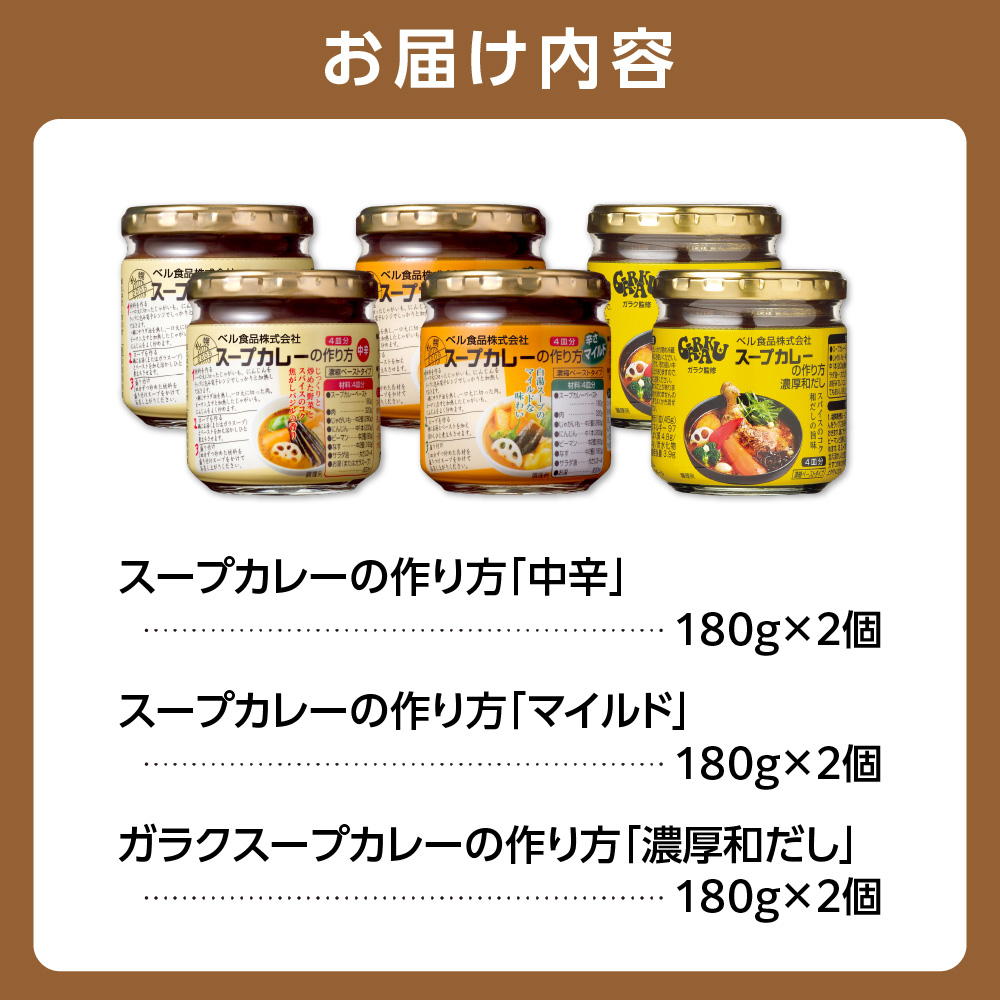 ベル食品 北海道のスープカレーの素の詰め合わせセット（3種類・180g×6）