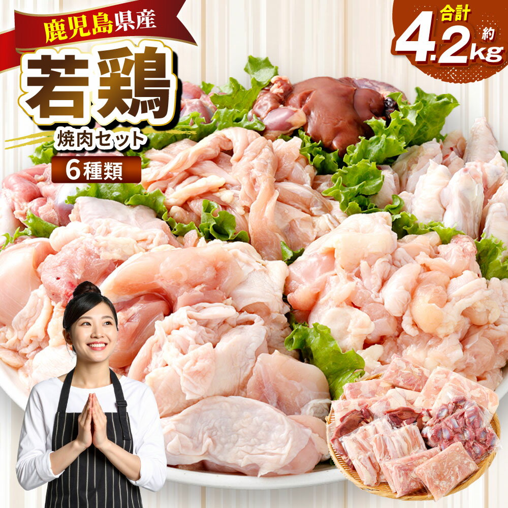 【ふるさと納税】鹿児島県産 若鶏焼肉 約4.2kgセット 若鶏 もも肉 モモ肉 カット 肝 砂肝 手羽中 せせり 焼肉 小分け 鶏肉 冷凍 新鮮 焼肉用 焼肉セット モモ 肉 レバー 肩肉 鹿児島県 薩摩川内市 送料無料 BS-226