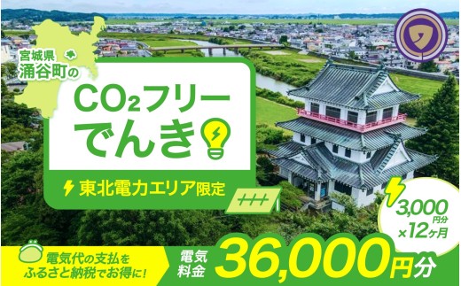 涌谷町CO2フリーでんき 3,000円×12ヶ月コース（注：お申込み前に申込条件を必ずご確認ください）東北電力 電気 電力 東北 電気代 電気料金 青森県 岩手県 宮城県 秋田県 山形県 福島県 新潟県 でんき
