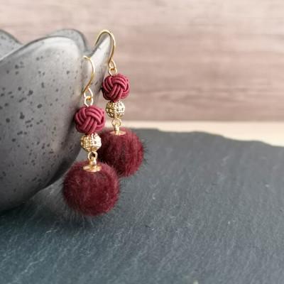 ふるさと納税 京丹後市 *ワインレッド×ボルドー*水引ピアス/玉結びとフェイクファーのピアス |  | 01