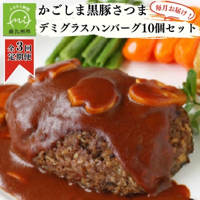 【毎月定期便】「かごしま黒豚さつま」デミグラスハンバーグ10個セット(南九州市)全3回【配送不可地域：離島】