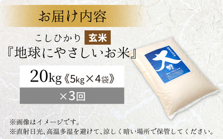 【令和7年産】【3ヶ月定期便】こしひかり 20kg × 3回 計 60kg【玄米】減農薬・減化学肥料 「特別栽培米」－地球にやさしいお米－[M-003003]