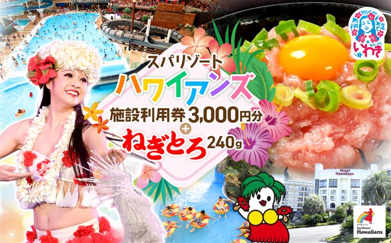 スパリゾートハワイアンズ　施設利用券3,000円分＋ねぎとろ使い切りパック 240g（約40g×6パック） | 利用チケット 入場券 ホテルハワイアンズ モノリスタワー ウイルポート フラダンス プー