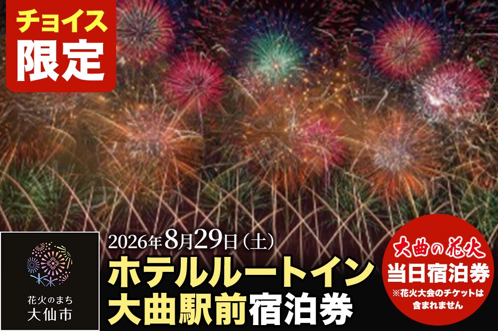 
                  《チョイス限定》【ホテルルートイン大曲駅前】第98回全国花火競技大会「大曲の花火」 当日ペア宿泊券（禁煙部屋、朝食付き）
                