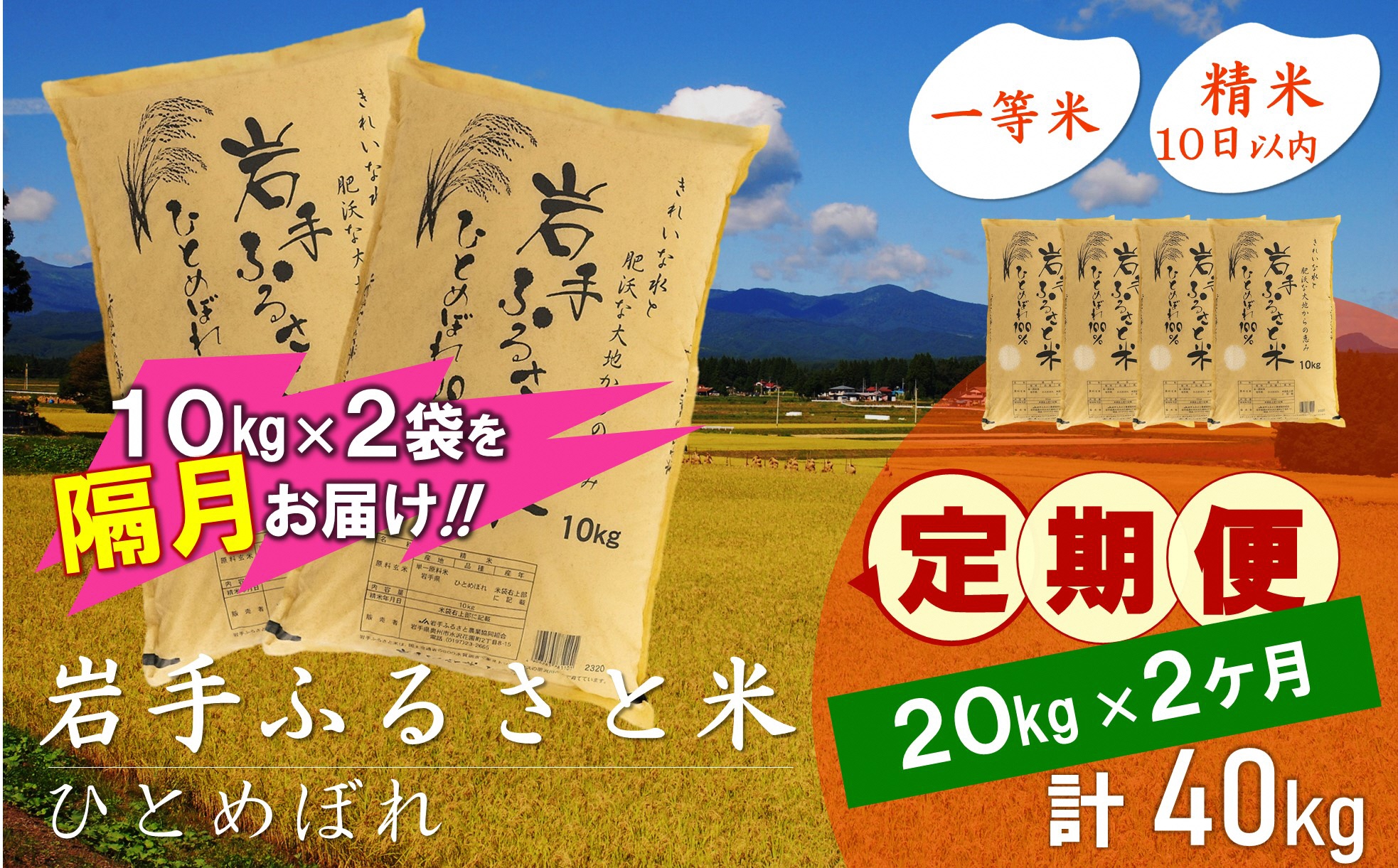 3人に1人がリピーター!☆2ヶ月ごとにお届け☆ 岩手ふるさと米 20kg(10kg×2)×2回 令和6年産 隔月定期便 一等米ひとめぼれ 東北有数のお米の産地 岩手県奥州市産【配送時期に関する変更不可】 [U0178]