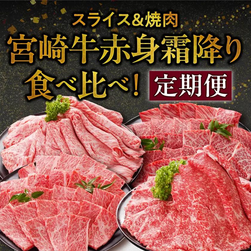 ≪6回連続お届け≫宮崎牛赤身霜降り食べ比べ定期便L(総重量12kg)〔T192-6-N201〕_(都城市) 宮崎牛 スライス 焼肉 2種セット 肩ロース又はロース ウデ又はモモ