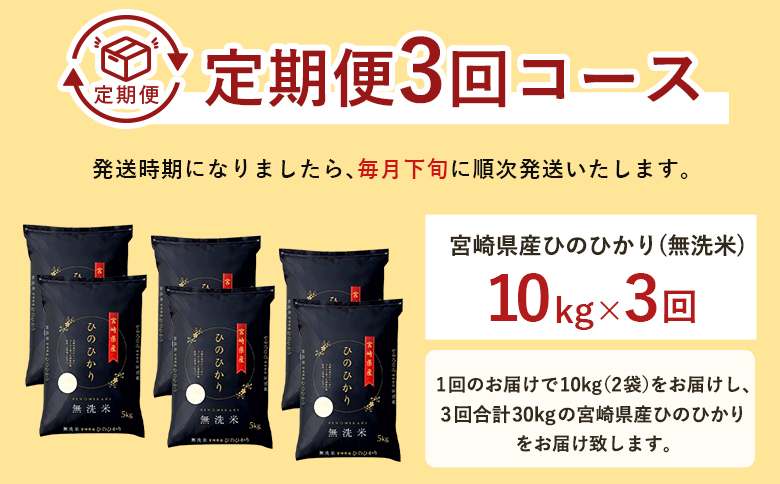 【3か月定期便】無洗米 ＜チャック付＞ 新米 国産 令和8年産 ヒノヒカリ 10kg×3回 宮崎県産 お米 白米 おすすめ 簡単 ご飯 弁当 精米 おにぎり