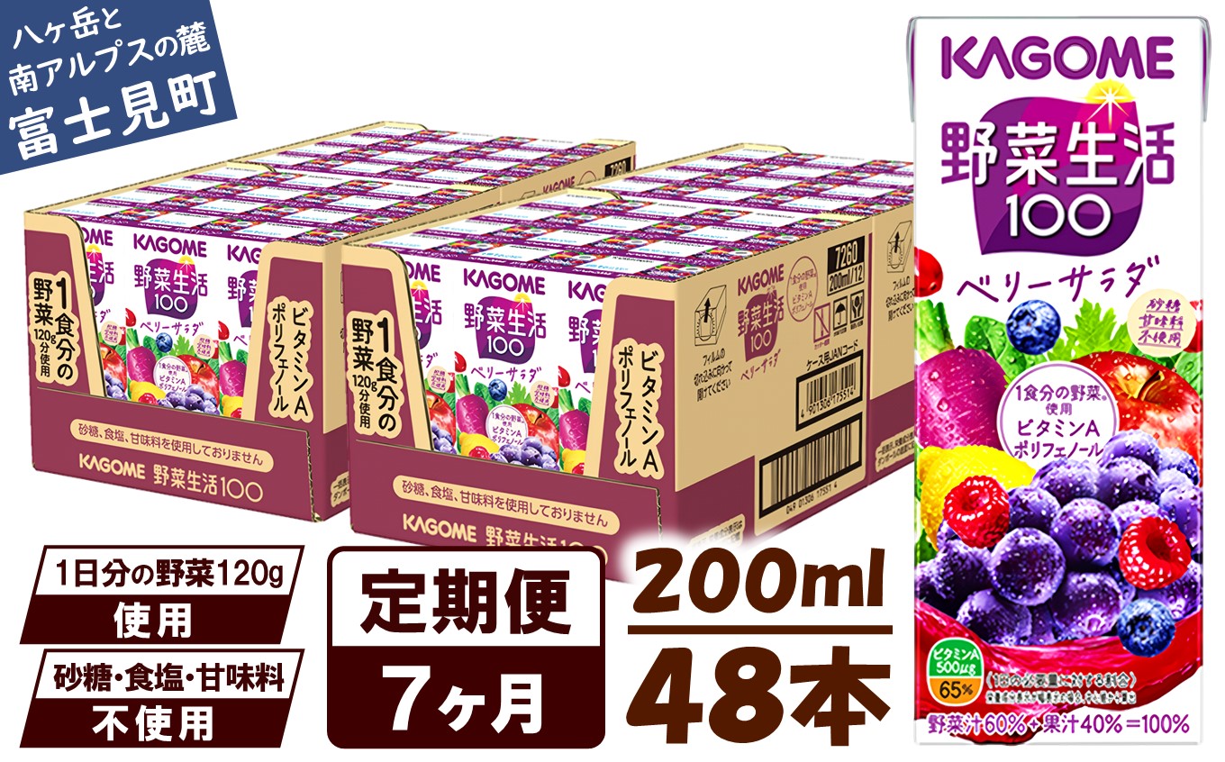 【 定期便 7ヶ月連続お届け】カゴメ 野菜生活100 ベリーサラダ 200ml×48本 ジュース 野菜 果実ミックスジュース 果汁飲料 紙パック 砂糖不使用 1食分の野菜 鉄分 ポリフェノール ビタミ