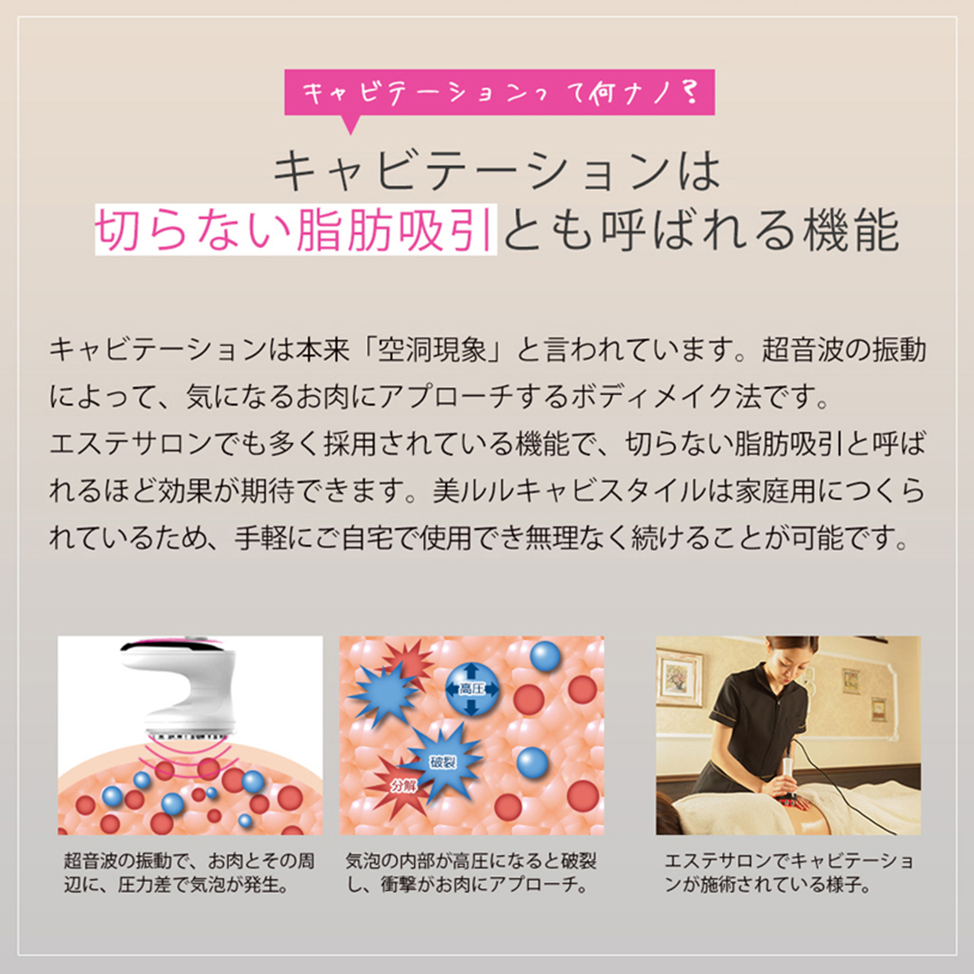 【ギフト対応可】美ルル キャビスタイル（ピンク） 美ルル キャビスタイル キャビテーションRF温熱振動マッサージ赤色LED脂肪 セルライト たるみを顔＆ボディ自宅エステラジオ波 光エステ お腹 二の腕