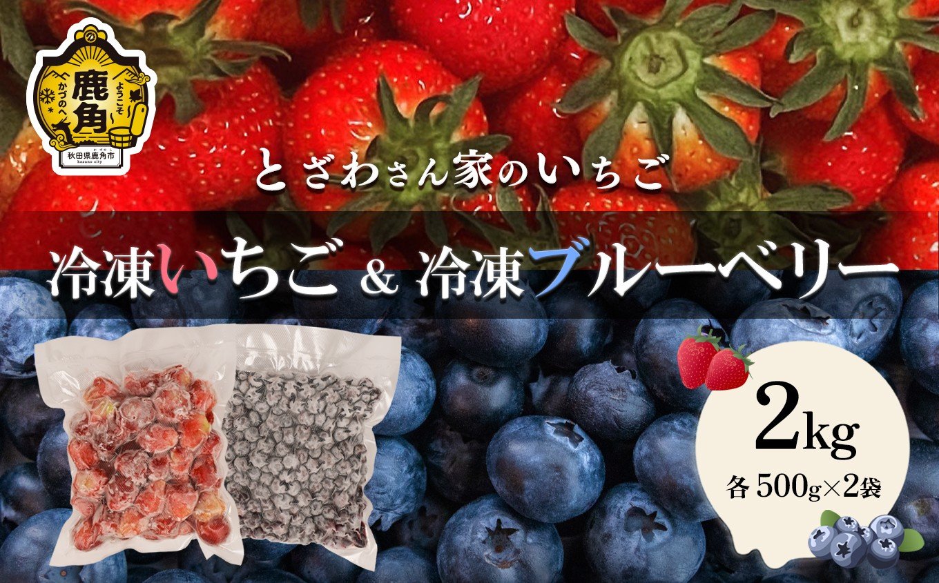 
            鹿角産 冷凍 いちご & ブルーベリー 2kg（各500g 合計4袋）サイズMIX【とざわさん家のいちご】旬 県産いちご 国産いちご 苺 イチゴ ブルーベリー 国産ブルーベリー サイズMIX 真空 真空パック 小分け グルメ 故郷 秋田 あきた 鹿角市 鹿角 送料無料
          