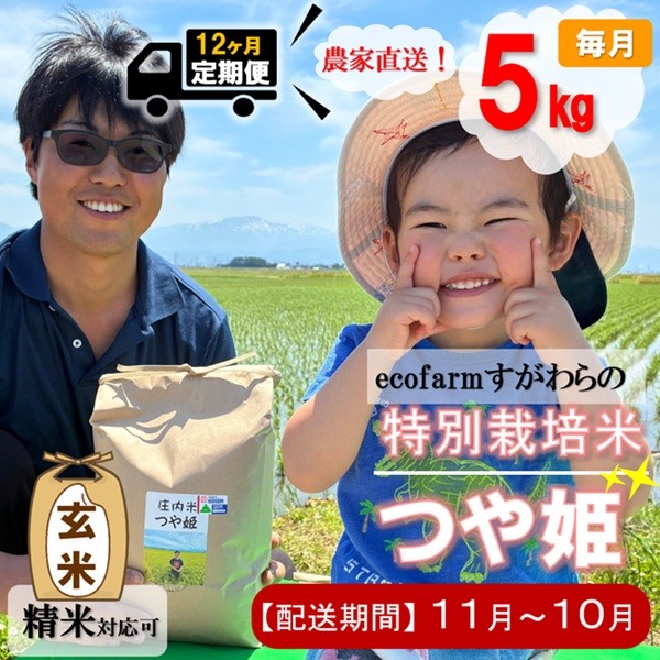 
                  令和8年11月新米スタート【定期便12回】ecofarmすがわら特別栽培米つや姫5kg×12回
                