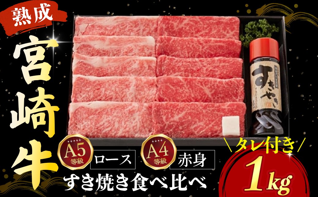 
            【人気鉄板焼き店厳選】熟成宮崎牛A5等級ロース・A4等級赤身すき焼き食べ比べセット 1kg オリジナルタレ付き（牛肉 お肉 すき焼き用 ブランド牛 黒毛和牛 食べ比べ）
          