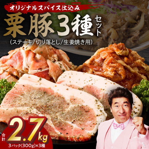 栗豚 3種セット 合計 2.7kg（ステーキ/切り落とし/生姜焼き用）【オリジナルスパイス仕込み 豚肉 小分け 盛り合わせ 食べ比べ 焼くだけ 普段使い】 099H3120