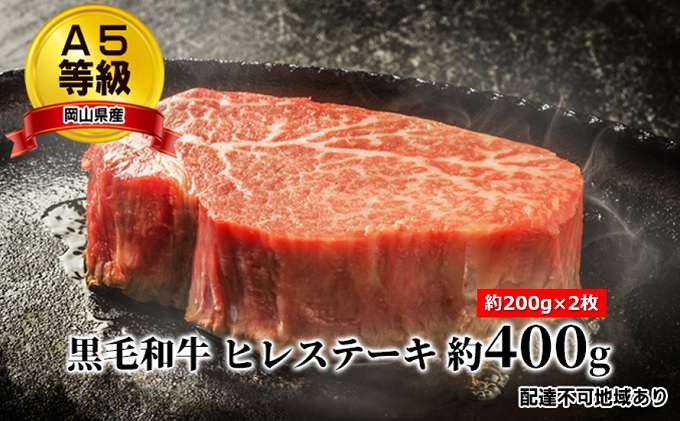 A5等級 黒毛 和牛 ヒレステーキ 約400g（約200g×2枚）岡山県産