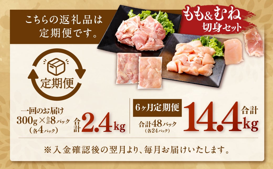 【6回定期便】鹿児島県産銘柄鶏・さつま純然鶏 若鶏もも・むね切身（300g×各4パック×6回 合計14.4kg）もも肉 むね肉 鶏肉 ESR-303