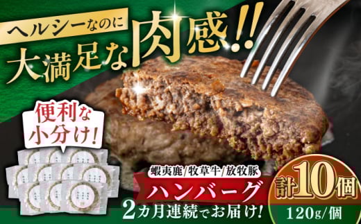 【全2回定期便】【蝦夷鹿×牧草牛×放牧豚】ハンバーグ 10個《厚真町》【GOODGOOD株式会社】 ハンバーグ 鹿肉 牛肉 豚肉 ジビエ 小分け 冷凍配送 北海道 [AXBP030]