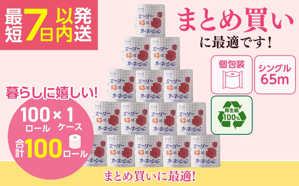 
                  トイレットペーパー SEカーネーション 65m 100個  (1ケース)｜日用品 業務用 生活 必需品 エコ eco 高評価 たっぷり まとめ買い 長持ち ストック 備蓄 保存 災害 防災  備蓄用 トイペ 消耗品 常備 やさしい ソフト 再生紙
                