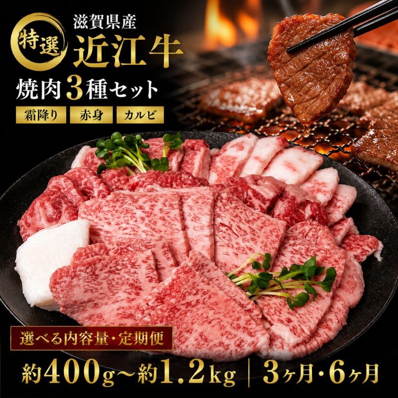 
                  【最短1週間発送(単発商品のみ)】特選 近江牛 焼肉 3種盛り  選べる 内容量 定期便 約400g～約1.2kg 3か月 6か月 牛肉 黒毛和牛 焼き肉 焼肉用 カルビ 赤身 霜降り 肉 和牛 日本三大和牛 ブランド牛 滋賀県 豊郷町
                