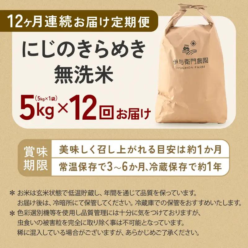 【先行予約】【令和8年産】定期便 ≪12ヶ月連続お届け≫ にじのきらめき 無洗米 5kg×12回 / 鮮度抜群 60キロ 福井県あわら産 無洗米 お米 ※2026年10月上旬より順次発送 [aw071