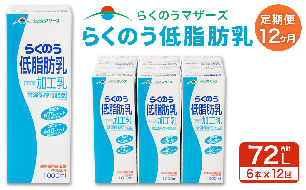 【12か月定期便】らくのう 低脂肪乳 1L×6本×12回 合計72L 1000ml 紙パック ミルク 低脂肪 