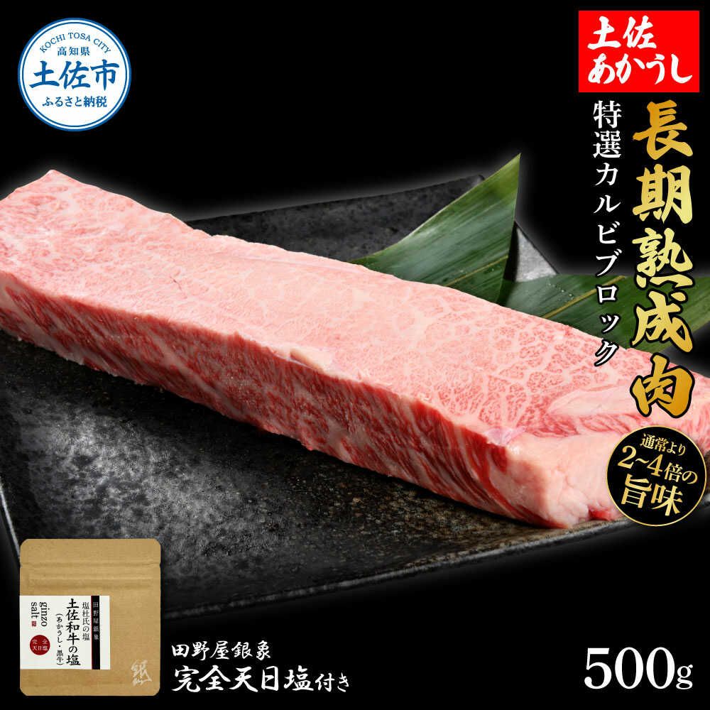 【ふるさと納税】土佐あかうし 特選カルビブロック 500g（田野屋銀象完全天日塩1P付き） カルビ ブロック ステーキ 高知 土佐赤牛 牛肉 贅沢 お取り寄せ 肉 国産 高知県土佐市/株式会社LATERAL[BQAU011]