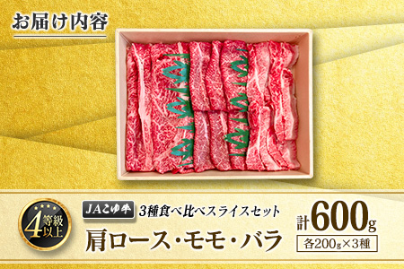 JAこゆ牛 3種食べ比べ スライスセット 計600g（肩ロース・モモ・バラ）各200g A4等級以上【C405】