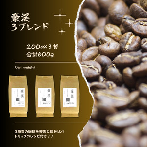 総社珈琲3種飲み比べ（名勝豪渓編）豆600g（200g×3袋）【ドリップレシピ付き】006-017