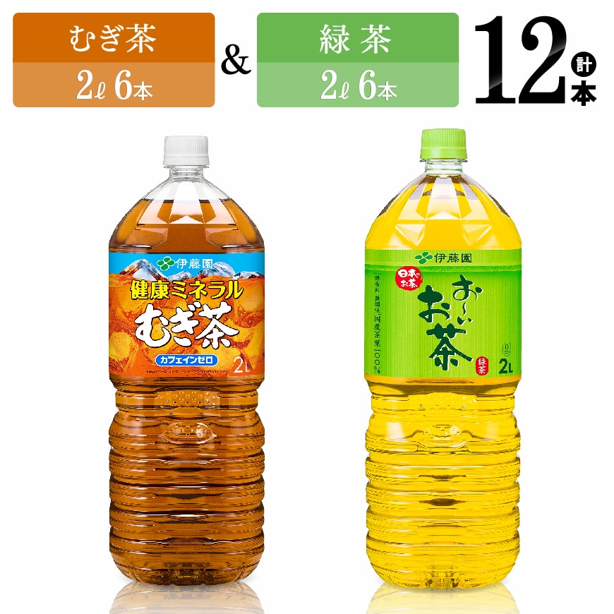 伊藤園むぎ茶（2L）＆緑茶（2L）(PET）12本　お茶 麦茶 のみもの[F7363]