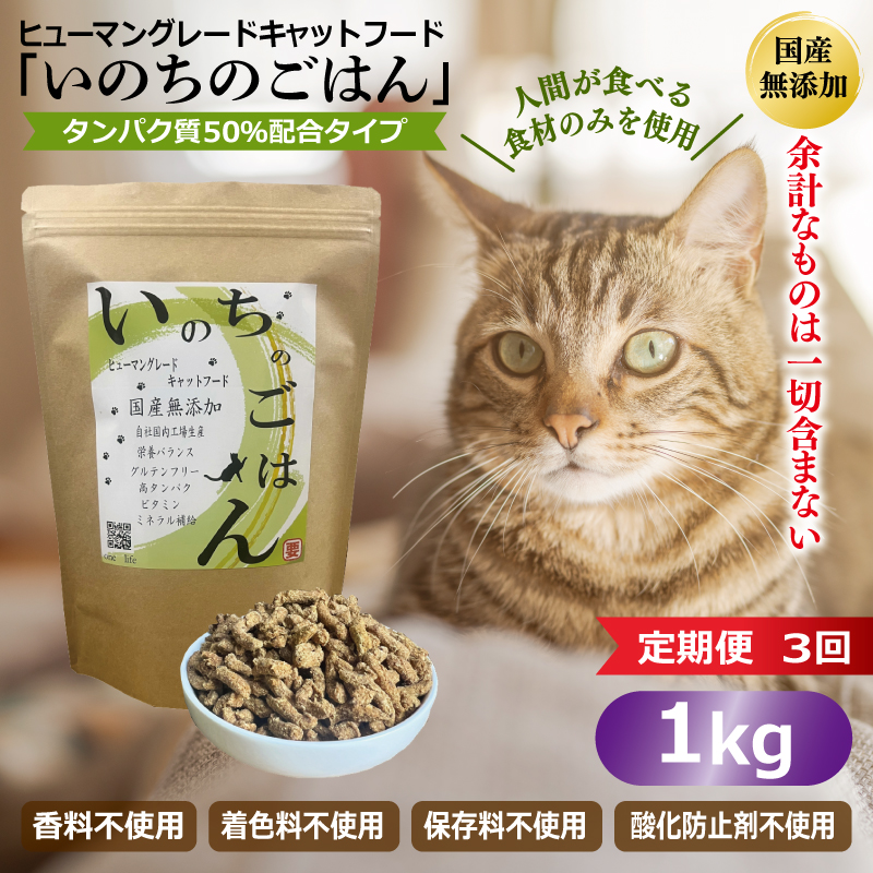 【定期便】国産無添加 キャットフード 1kg×全3回 「いのちのごはん」タンパク質 50％配合タイプ【猫 ねこ ペットフード チキン 手作り ヒューマングレード 国産】 099Z636