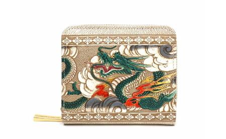 ミニ財布 文庫屋大関 二つ折りファスナー 龍 緑 牛革 ミニ財布