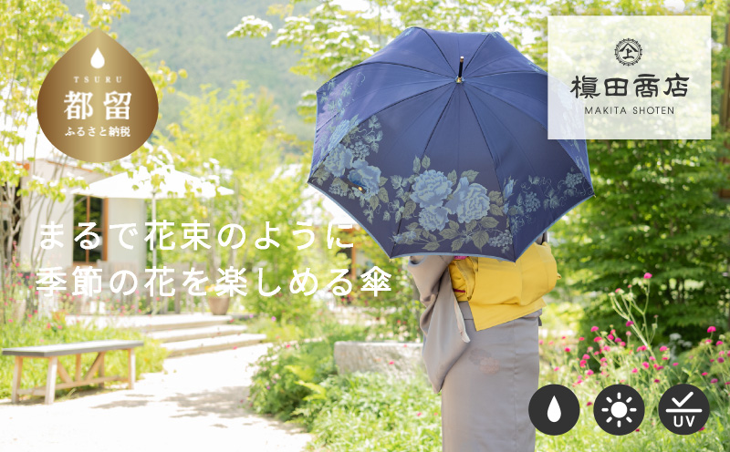 【槙田商店】晴雨兼用長傘　絵おり　バラとぶどう ネイビー  日傘 UV プレゼント 化粧箱 ギフト 老舗