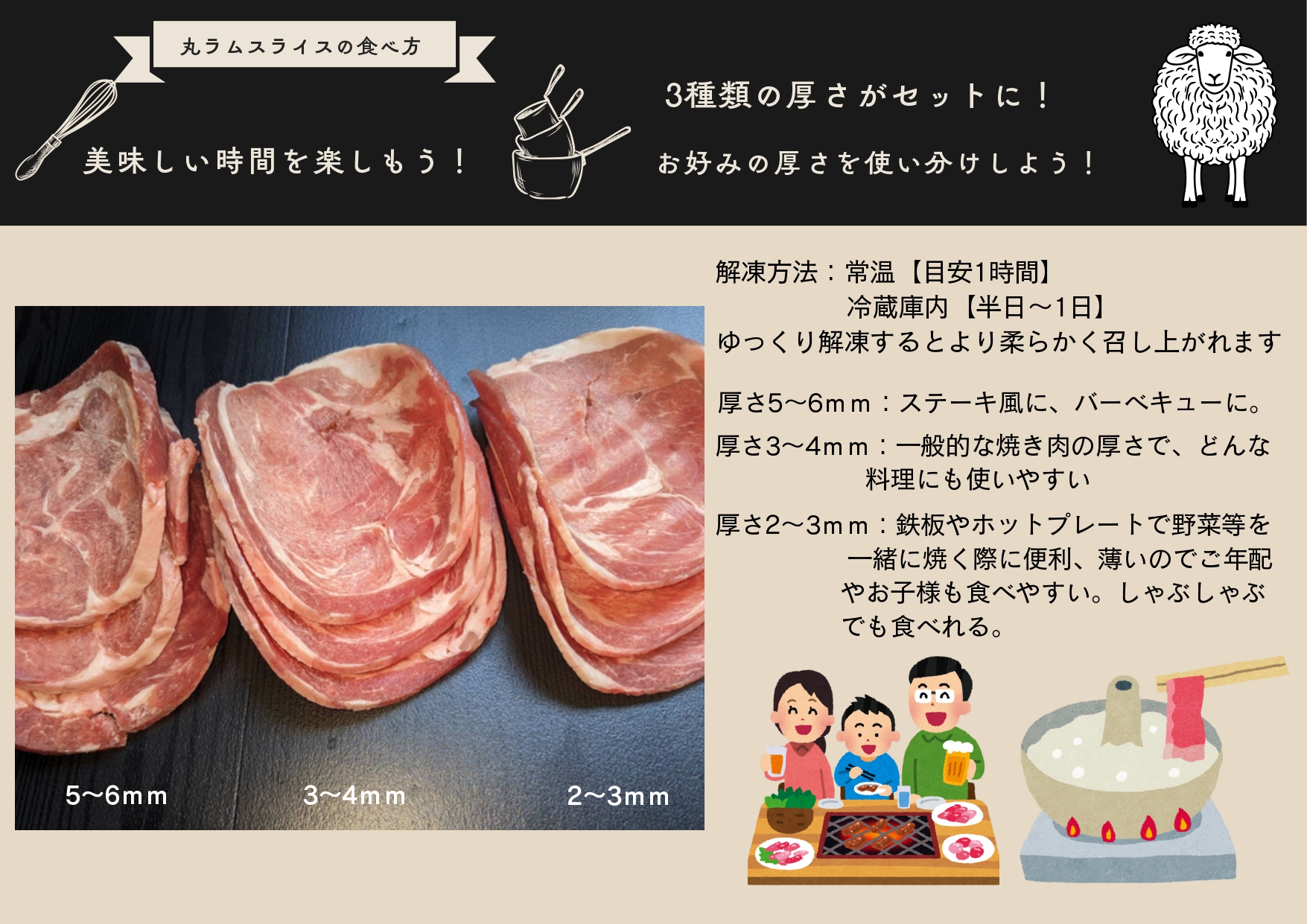【厚さ3種類/食べ比べ/丸スライス】『ラムスライス』550g×3、大容量の1.65kg【簡易鍋付き1枚】 BRTI018