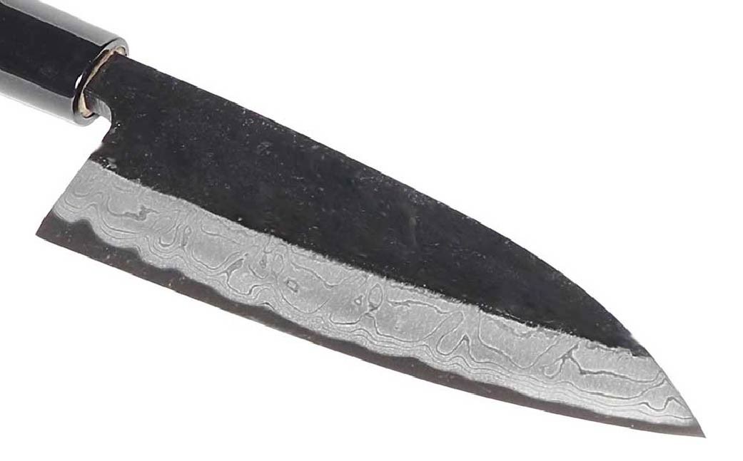 【土佐打刃物】出刃包丁 黒打ち仕上げダマスカス 両刃 刃長15cm