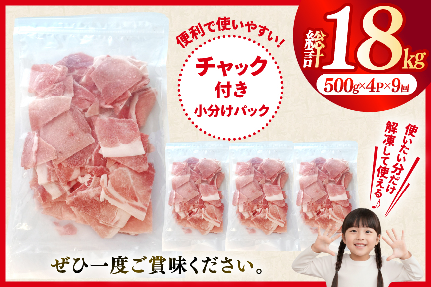 北海道産 豚肉 豚こま切れ 小分け 2kg ( 500g × 4P ) 9回 定期便 総計 18kg [スターゼン 北海道 砂川市 12260978 ] 小間切れ 豚 国産 冷凍