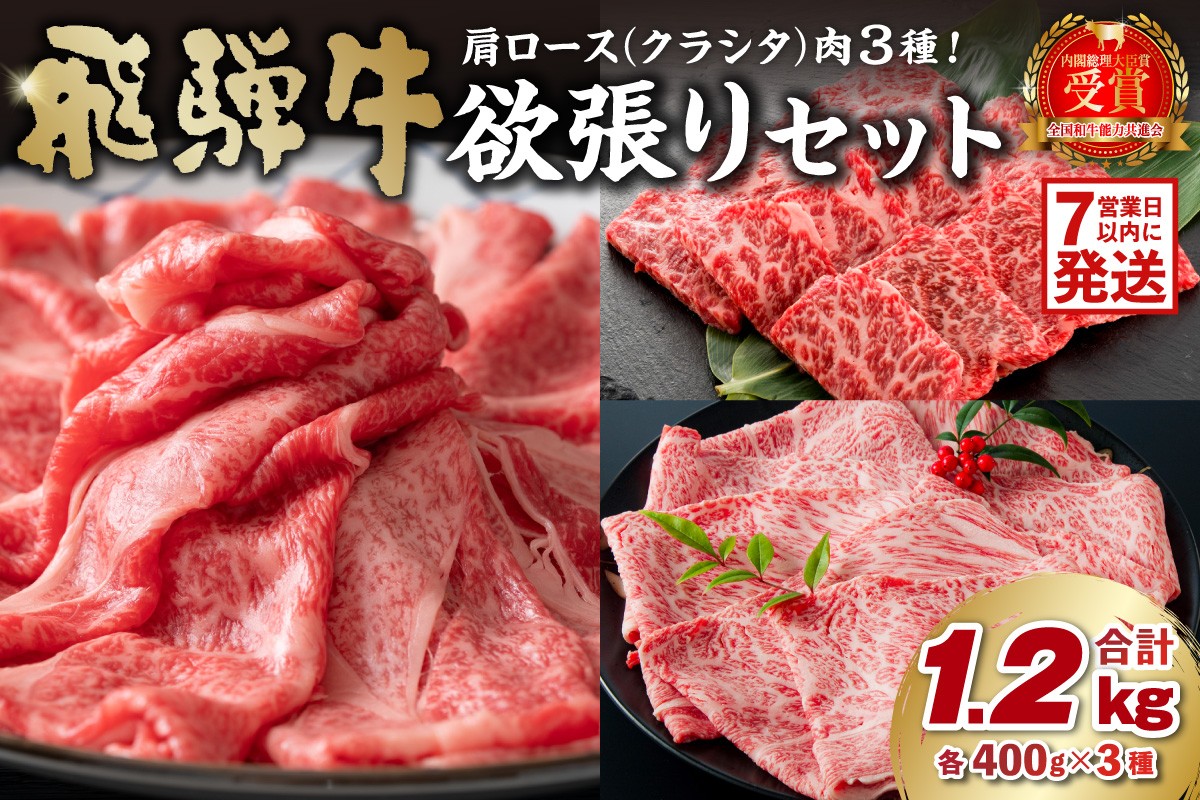 
                  飛騨牛セット　肩ロース（クラシタ）肉（すき焼き用・しゃぶしゃぶ用・焼き肉用）各400g【岐阜県 可児市 お肉 肉 牛肉 ブランド牛 ブランド和牛 柔らかい 旨味 霜降り お取り寄せ グルメ】
                