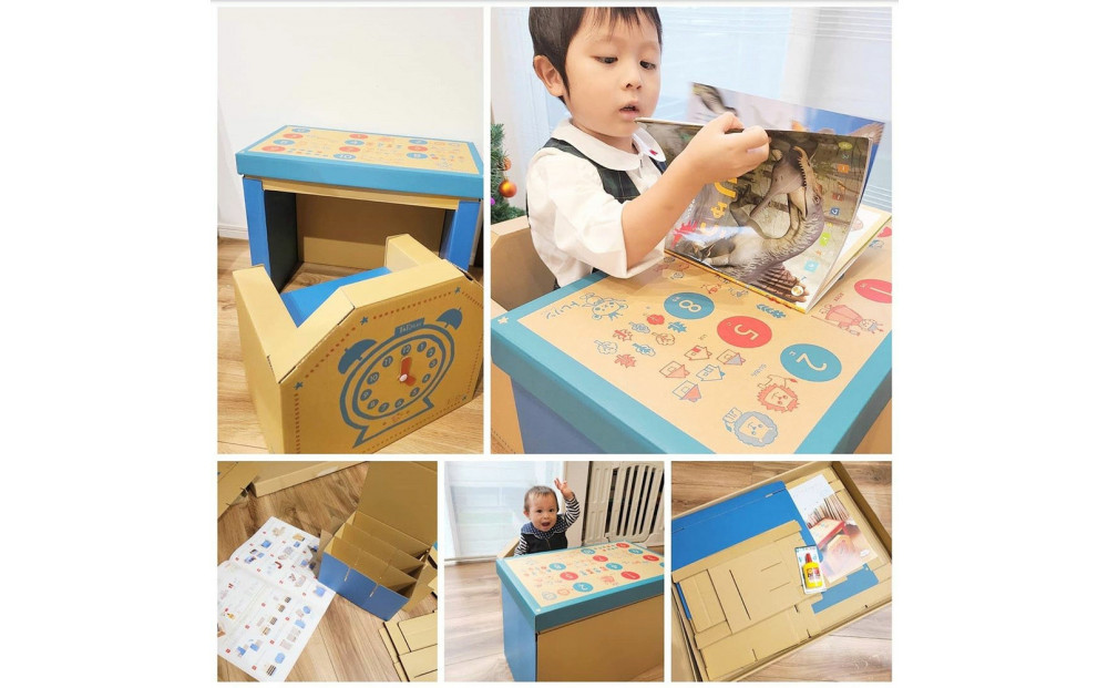 成長に合わせて使える段ボール家具　ジュニアデスクチェア&おうち型収納ボックス◇【青色セット】