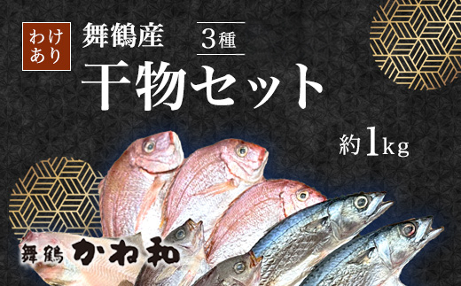 訳あり 舞鶴産 干物 1kg （3種類） お試しセット | ひもの 詰め合わせ 干物 セット お試し 冷凍 規格外 不揃い はつめ かれい うるめいわし みりん干し わけあり ひもの 美味しい
