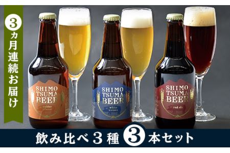 【３ヵ月連続お届け】しもつまクラフトビール３本セット【ビール クラフトビール 地ビール 飲み比べ 飲み比べセット ピルスナー ヴァイツェン エール 贈答用 おすすめ 人気 定期 定期便】