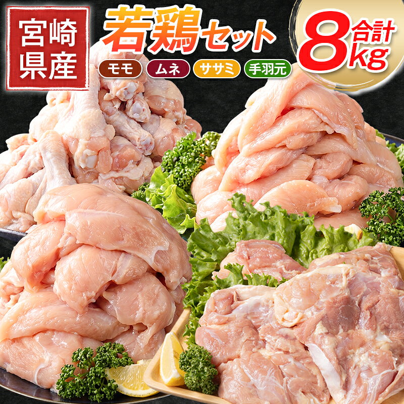 【ふるさと納税】宮崎県産 若鶏8kgセット 鳥肉 もも肉 2kg むね肉 4kg ささみ 1kg 手羽元1kg 国産 送料無料