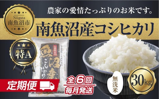 
                  【定期便】無洗米  新潟県 南魚沼産 コシヒカリ お米 30kg×計6回 精米済み 半年間 毎月発送 こしひかり（お米の美味しい炊き方ガイド付き）【定期便 銘柄米 ブランド米 無洗米 こしひかり コシヒカリ 魚沼産 新潟米 産地直送 ごはん】
                