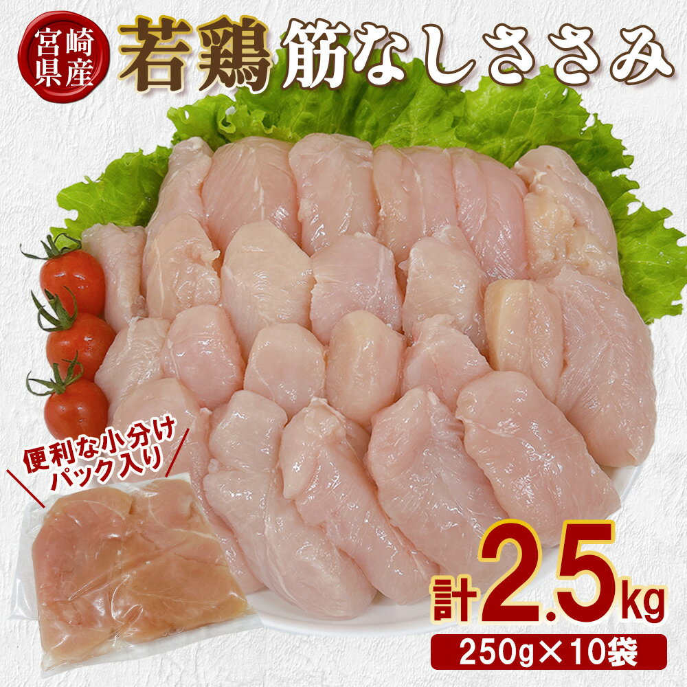 【ふるさと納税】宮崎県産 若鶏筋なしささみ 2.5kgセット (250g×10袋) 鶏肉 ささみ 鶏ささみ 小分け 真空パック 冷凍 国産 宮崎県産 九州 送料無料