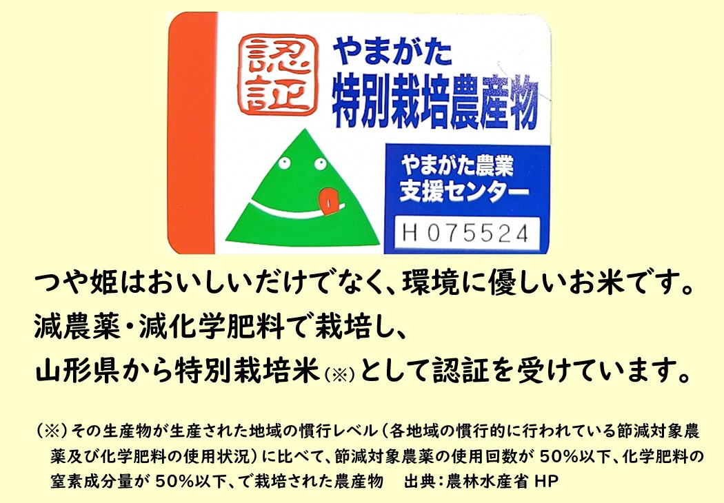 つや姫は山形県から特別栽培米として認証を受けています。環境に優しいお米です。