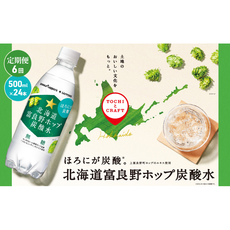 北海道 定期便 6ヵ月 連続 全6回 炭酸水 500ml × 24本 北海道富良野ホップ炭酸水 ポッカサッポロ 無糖 北海道富良野ホップ ペットボトル 炭酸飲料 炭酸 ソーダ ソーダ水 飲料 ドリンク