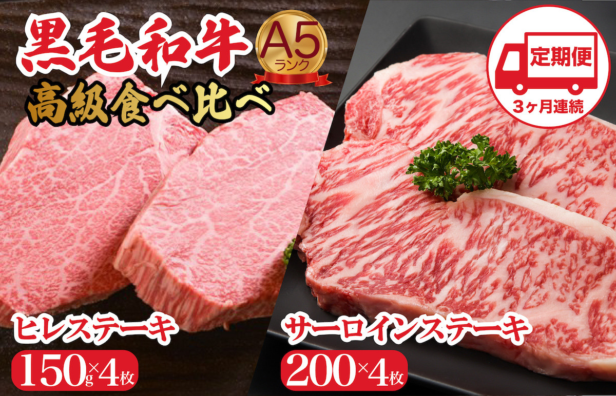 
            【定期便 3回】黒毛和牛 A5 高級 食べ比べ ヒレステーキ 150gx4枚 サーロインステーキ 200gx4枚 計1.4kg ３ヶ月連続 国産 冷蔵便 牛肉 黒毛和牛 和牛 ヒレ サーロイン ステーキ 霜降り 肉 牛肉 ヒレ肉 ステーキ フィレ 焼肉 霜降り A5 A5ランク A5等級 冷蔵 バーベキュー BBQ 焼肉 焼き肉 サーロインステーキ ヒレステーキ フィレ 食べ比べ ごちそう
          