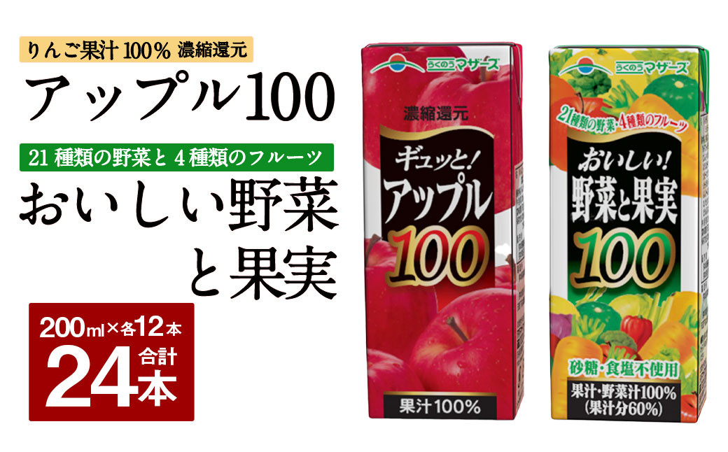 
ギュッと！ アップル100 おいしい野菜と果実100 セット 200ml × 12本ずつ 合計24本 合計4800ml パックジュース
