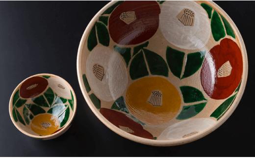 QB01 【波佐見焼】魯山人写椿 大鉢 /抹茶碗セット（桐箱入）-2