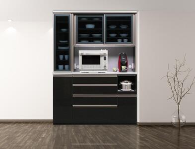 （ブラック木目）【開梱設置】 レガシー キッチンボード 幅150cm 耐震 食器棚 モイス オープンボード 引き戸 完成品 ダイニングボード キッチン収納 大川家具