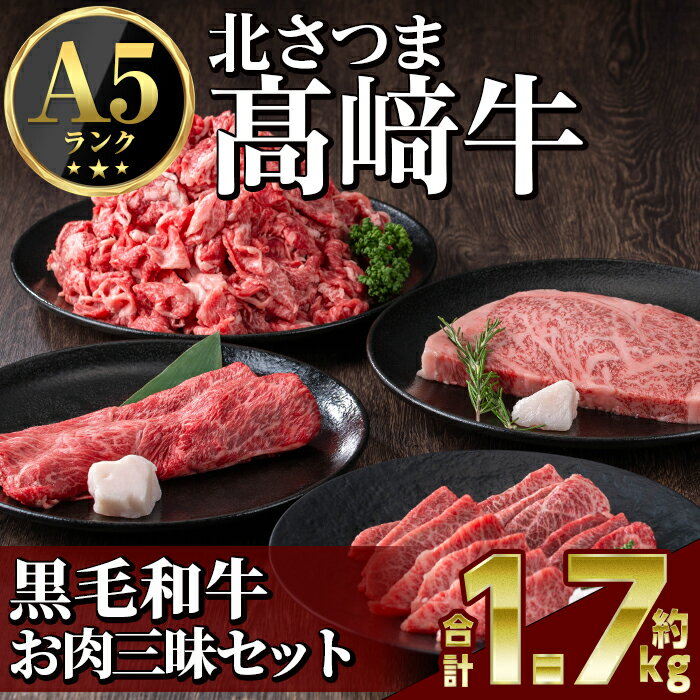 【ふるさと納税】＜先行予約受付中！2026年1月中旬より順次発送予定＞鹿児島県産 北さつま高崎牛 お肉三昧セット (合計約1.7kg ・ステーキ300g×1枚 、すき焼き用 200g、焼き肉用200g、切り落とし200g×5 ) 黒毛和牛 A5ランク A5 すきやき 牛肉 お肉 真空パック【太田家】