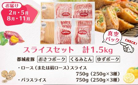 ≪隔月3回お届け≫都城産「おさつ・くるみ・ゆず」豚3種食べ比べ定期便_T45-3-1402_(都城市) 豚肉 都城産豚 おさつポーク くるみとん ゆずポーク 真空 冷凍 定期便