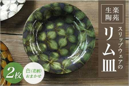 ＜スリップウェアのリム皿 2枚 花柄、色おまかせ＞ 国産 日本製 陶芸品 工芸品 陶器 食器 お皿 うつわ 汁物 取り皿 スープ 電子レンジ可能 日用品 ギフト 贈り物 プレゼント 父の日 母の日 おしゃれ【MI550-kr】【生楽陶苑】